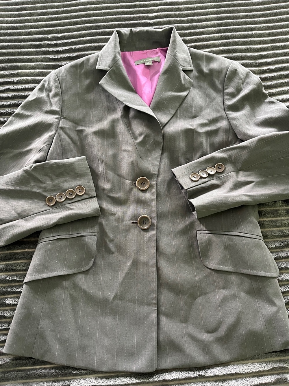 Ann Taylor Gray Pinstripe Notch Lapel Blazer with Pink Lining